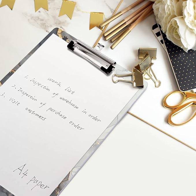 WAVEYU Marble Hardboard Office Clipboard, Clipboard with Low Profile Clip Designed for Students Classroom School and Office Use, Grey+Gold (12.5"x9")