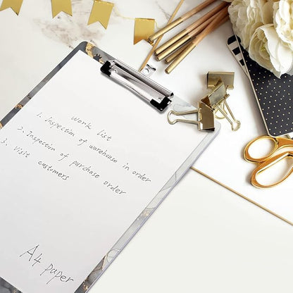 WAVEYU Marble Hardboard Office Clipboard, Clipboard with Low Profile Clip Designed for Students Classroom School and Office Use, Grey+Gold (12.5"x9")