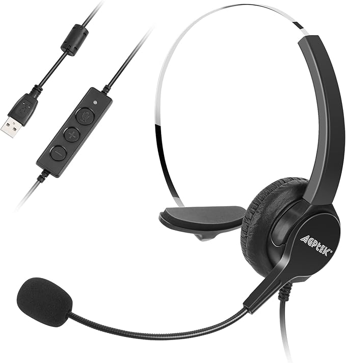 AGPTEK® Hands-Free Call Center Noise Cancelling Corded Monaural Headset USB Headset with Microphone for PC Headphone with Mic Mircrophone - Cord with USB Plug, Volume Control