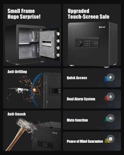 Kavey 1.6 Cub Home Money Safe with Digital Touch Screen Keypad and Sensitive Alarm System, Removable Shelf and LED Light for Money Jewelrys Documents Valuables, Small