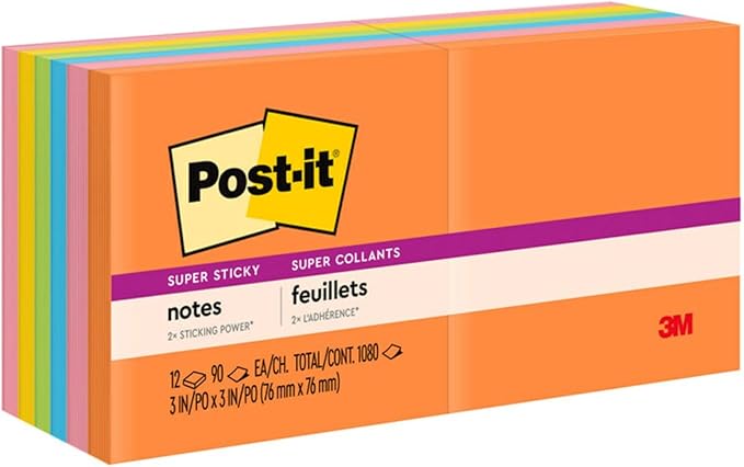 Post-it Super Sticky Notes, 12 Sticky Note Pads, 3 x 3 in., School Supplies, Office Products, Sticky Notes for Vertical Surfaces, Monitors, Walls and Windows, Energy Boost Collection
