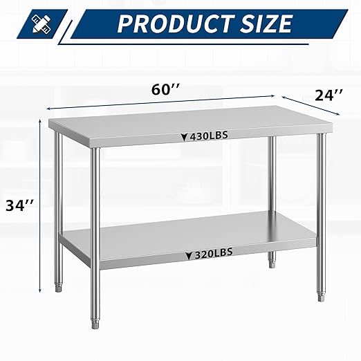 NSF Stainless Steel Table for Prep & Work 24 x 60 Inches Commercial Heavy Duty Food Prep Worktable with Undershelf for Restaurant, Home and Hotel Christmas Preparation Table