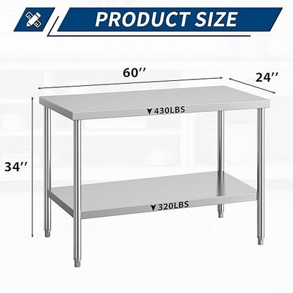 NSF Stainless Steel Table for Prep & Work 24 x 60 Inches Commercial Heavy Duty Food Prep Worktable with Undershelf for Restaurant, Home and Hotel Christmas Preparation Table
