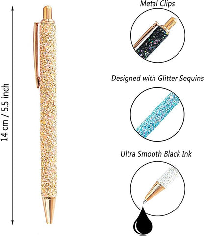 9 Pcs Fancy Pens for Women Glitter Colorful Ballpoint Pens Metal Retractable Pens Black Ink Medium Point 1.0 mm Pretty Cute Sequins Pens Journaling Pens for Women Girls (Classic style)
