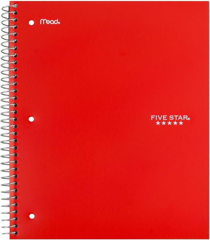 Five Star Spiral Notebooks + Study App, 6 Pack, 1 Subject, Wide Ruled Paper, Fights Ink Bleed, Water Resistant Cover, 8-1/2" x 10", 100 Sheets, Black, Red, Yellow, Purple, Green, Blue (38042)