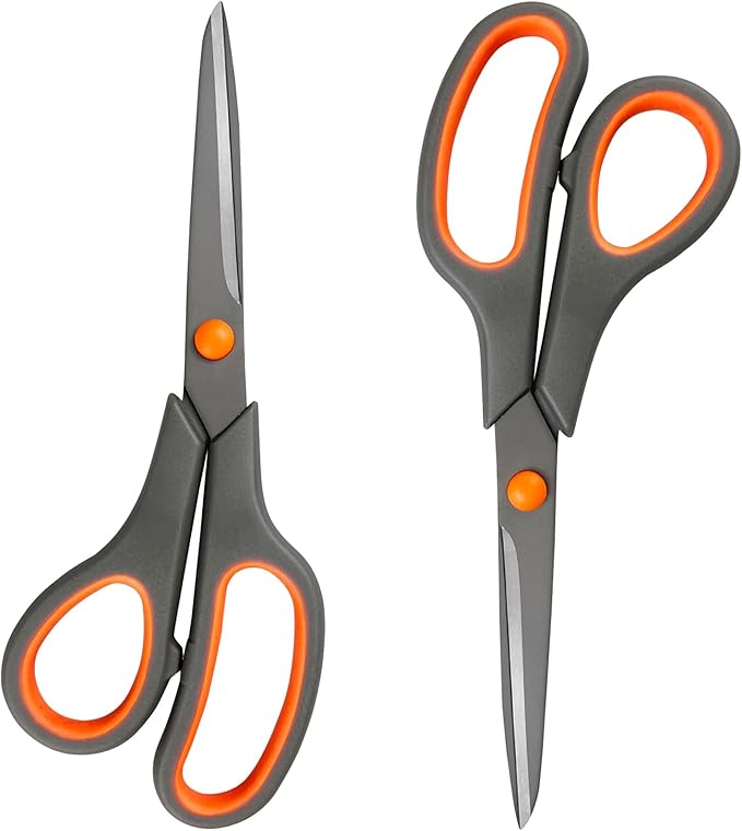 All-Purpose Scissors Bulk 2-Pack - Ultra Sharp 2.5mm Thick Blade Shears with Comfort-Grip Handles for Home and Office, Suitable for Right/Left Handed Use