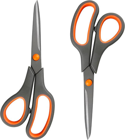 All-Purpose Scissors Bulk 2-Pack - Ultra Sharp 2.5mm Thick Blade Shears with Comfort-Grip Handles for Home and Office, Suitable for Right/Left Handed Use