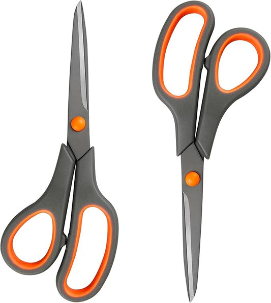 All-Purpose Scissors Bulk 2-Pack - Ultra Sharp 2.5mm Thick Blade Shears with Comfort-Grip Handles for Home and Office, Suitable for Right/Left Handed Use