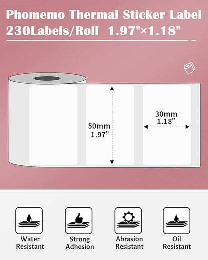 Phomemo Thermal Sticker Label for M110/M221/M220/M120/M200 Label Printer,1.97"x1.18"(50x30mm), 230 Labels/Roll, Black on White