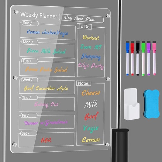 Acrylic Meal Planner Magnetic Menu Board for Kitchen Fridge with 6 Markers, Clear Refrigerator Weekly Planning Noteboard Grocery/Shopping List/Chore Chart, Magnetic Pen Holder Eraser 15.7" x 11.8"