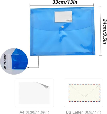 10 Pack Plastic Envelopes with Snap Closure,TFDLCG zm Poly File Envelopes with Label Pocket,Clear Document Folders,A4 Letter Size(13"×9.5") for School Home Work Office,Assorted Colors