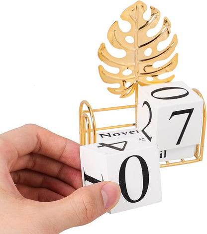 SUPVOX Wooden Block Calendar for Desk Daily Desktop Perpetual Calendar Wood Month Date Display Blocks Farmhouse Desk Accessories for Home Office Decor Reusable Yearly Monstera Leaf Design