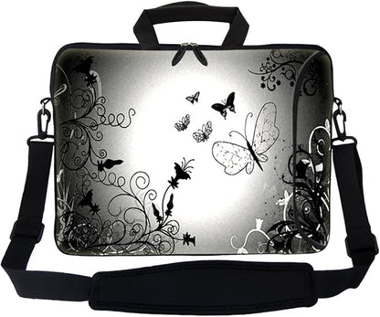 Meffort Inc 17 17.3 inch Neoprene Laptop Bag Sleeve with Extra Side Pocket, Soft Carrying Handle & Removable Shoulder Strap for 16" to 17.3" Size Notebook Computer - Black Gray Butterfly Design