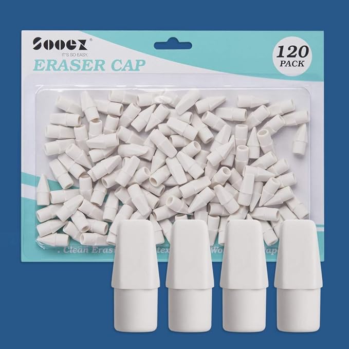 Sooez 120 Pack White Pencil Erasers, Pencil Top Erasers, Cap Erasers, Eraser Tops, Pencil Eraser Toppers, Studying Supplies for Teachers