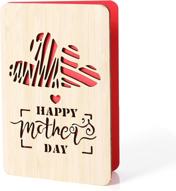 Wooden Mothers Day Card for Mom Gifts,Happy Mother's Day Card,Happy Mother's Day Greeting Cards from Kids,Mother Gifts Card from Daughter or Son(Double Hearts)