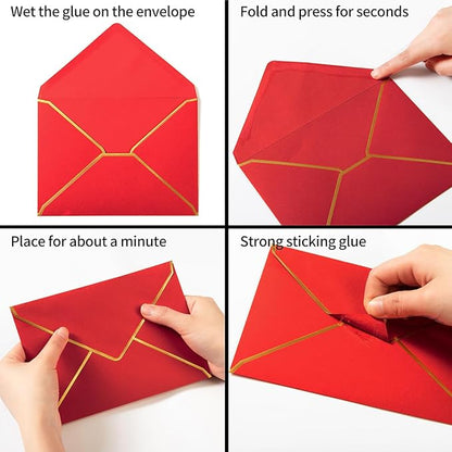 50 Pack A7 Envelopes Red 5 x 7 Self-Adhesive V Flap Envelopes with Gold Border for Office, Greeting Card, Wedding, Graduation, Baby Shower, Parties, Invitations (Red, 5x7)