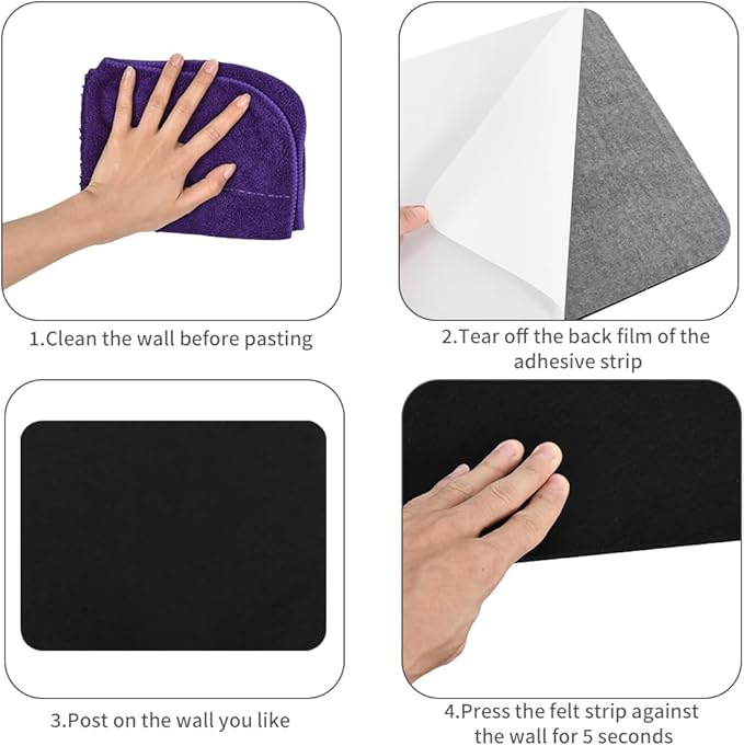 Vuzvuv 16x12 inch Black Cork Board Bar with 20 Pushpins, Self-Adhesive Bulletin Board Strips No Damage for Wall, Felt Pin Board for Paste Notes, Photos, Schedules Offices Home