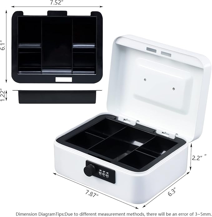 KYODOLED Cash Box with Combination Lock,Safe Metal Box for Money,Storage Lock Box with Money Tray,7.87"x 6.30"x 3.54" White Medium