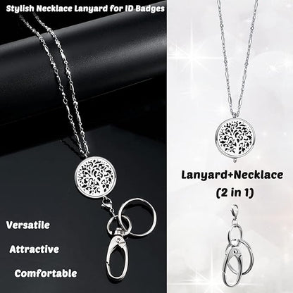 Lanyards for ID Badges and Keys, ID Badge Holder with Lanyard Stainless Steel Keychain Diffuser Necklace Lanyard Badge Lanyards for Women Teacher Nurse Student Office Work Jewelry Family Tree