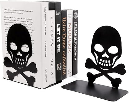 Metal Skull Design Black Bookend - Heavy-Duty Bookends for Shelves, Skull Book Ends for Heavy Books, Book Shelf Holder Home Office Decorative Desktop Organizer (1 Pair A)