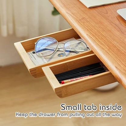 Under Desk Drawer Wood, Self-Adhesive Hidden Drawer Organizer Slide Out, Easy Installation Handmade Under Table Storage, Attachable Pencil Phone Holder For Office Home Classroom (Bamboo Big)