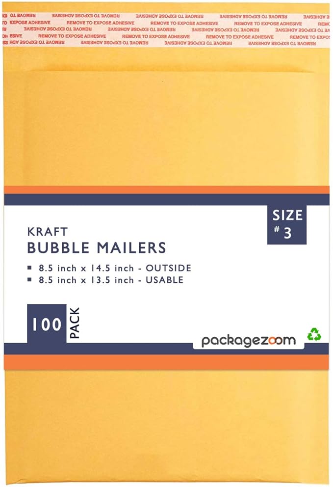 PackageZoom #3 8.5 x 14.5 Padded Envelopes Kraft Bubble Mailer Shipping Envelopes 100 Pack