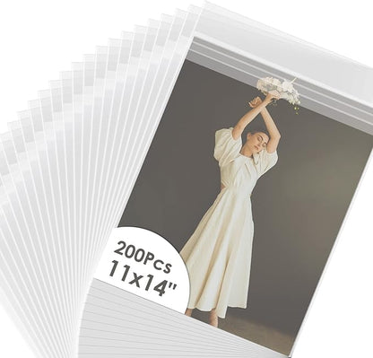 AUEAR, 200 Pack (11-3/8" x 14-3/16") Acid-Free Crystal Clear Sleeves Storage Bags for 11x14 Prints/Pictures/Photos/Framing Mat Mattes