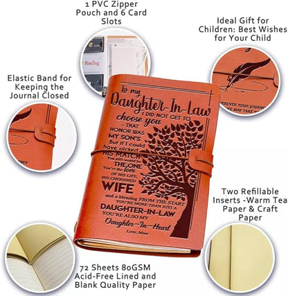 Daughter in Law Gifts from Mother in Law, To My Daughter in Law Leather Journal, 140 Page Refillable Writing Journal, Christmas Birthday Gifts for Daughter in Law for Wedding