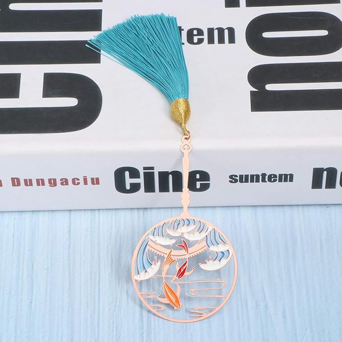 TOYANDONA Bookmarks with Tassels Hollow Book Mark Chinese Retro Bookmarks Vintage Bookmarks Retro Bookmarks Plant Printing Rose Gold Book Page Holder Round Fan Metal