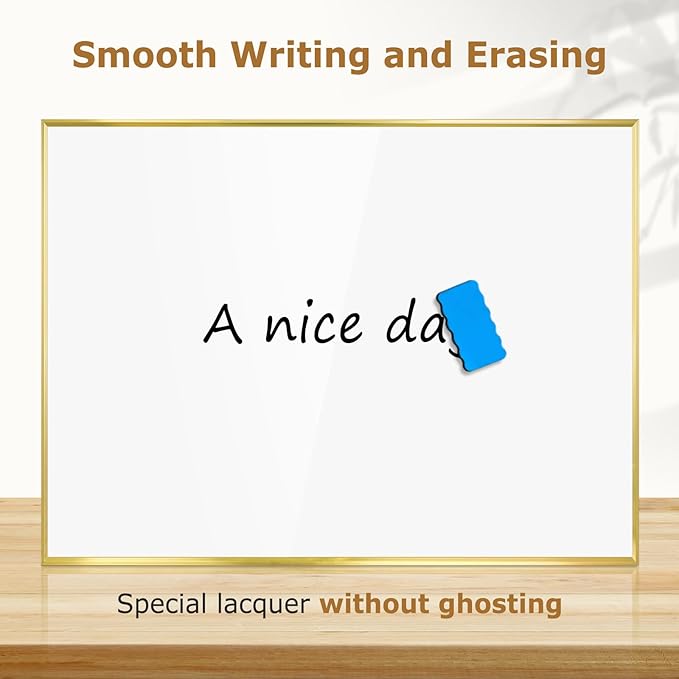 Magnetic Whiteboard, 24"x18" Gold Aluminum Frame Dry Erase White Board for Wall, Hanging Wipe Board with 6 Magnets, 4 Markers & 1 Eraser for Home and Office