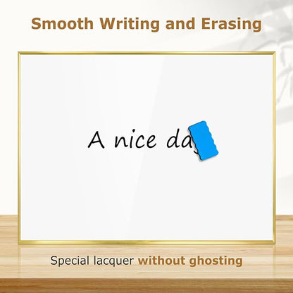 Magnetic Whiteboard, 24"x18" Gold Aluminum Frame Dry Erase White Board for Wall, Hanging Wipe Board with 6 Magnets, 4 Markers & 1 Eraser for Home and Office