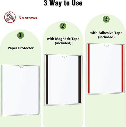 10 Pcs Wall Sign Holder 8.5"x11" Magnetic Sign Holder, Rigid Print Protectors with Adhesive & Magnetic Tapes, Wall Mount Plastic Paper Holder for Office Store Home Window Display (Clear)
