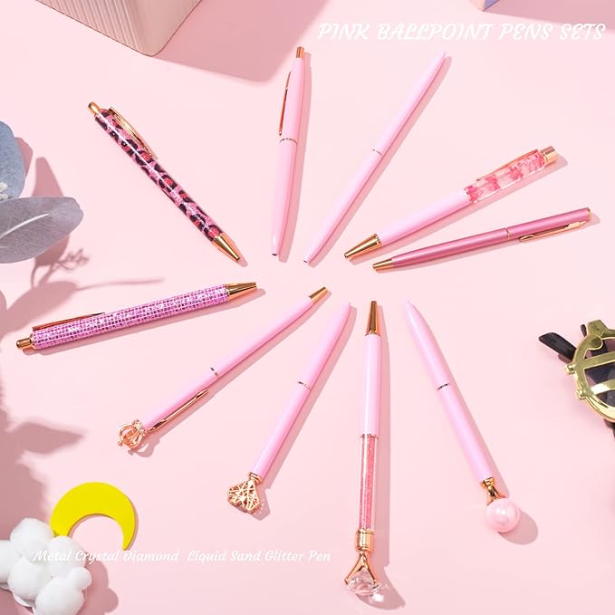 10 Pcs ballpoint pens for journaling,Metal Crystal Diamond pink Pen Glitter,Black Ink Pretty Cute Fancy Pens Gifts for Women Girls Wedding Birthday School Office Desk