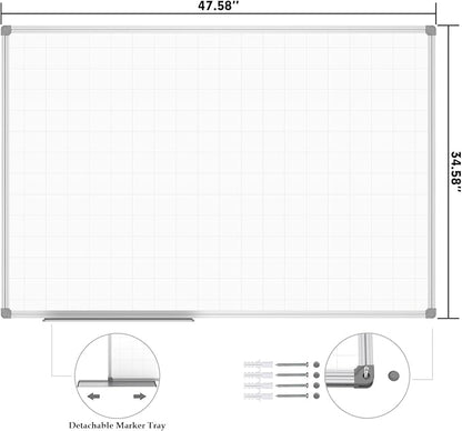 JILoffice Magnetic Dry Erase Planning Board, Grid Pattern White Board 48 x 36 Inch, Silver Aluminum Frame with Detachable Marker Tray for Office School and Home