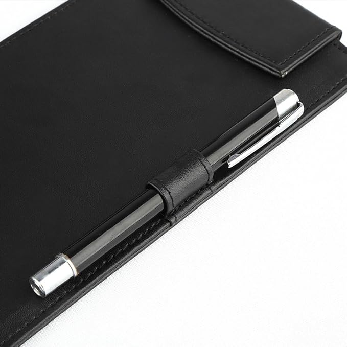 PU Leather Clipboard 8.6" X 4.7" - A6 Long File Clip Folder Document Organizer Writing Pad Office Business Card Holder - Magnetic Conference Pad with Pen Holder - Black