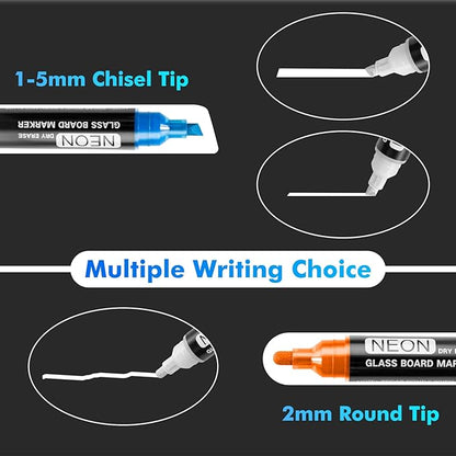 maxtek Neon Dry Erase Markers for Glass,Window Markers for Dry Erase Board,Chalkboard,LED Note Board,Acrylic Refrigerator Calendar,Chisel Tip,Low Odor,Assorted Colors,9 Count
