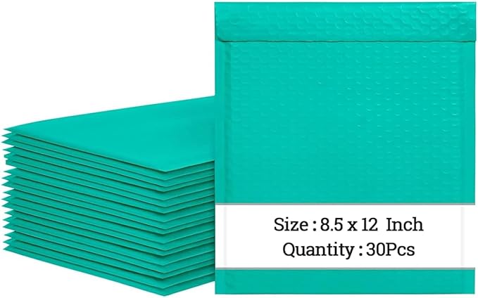 8.5 x 12 Inch Padded Envelope 30 Pack, Self-Seal Poly Bubble Mailers, Waterproof Shipping Bags for Small Business, Teal
