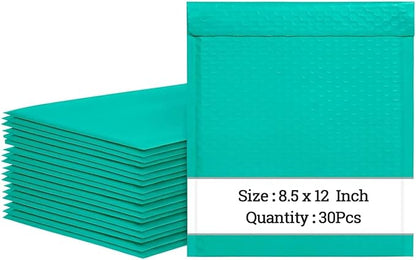 8.5 x 12 Inch Padded Envelope 30 Pack, Self-Seal Poly Bubble Mailers, Waterproof Shipping Bags for Small Business, Teal