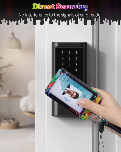 Uniclife Fashionable Sliding Badge Holder Paint Splash Plastic Case with Retractable Badge Reel Carabiner Clip & Detachable Lanyard Strap Vertical Card Protector for Worker Nurse Teacher Student