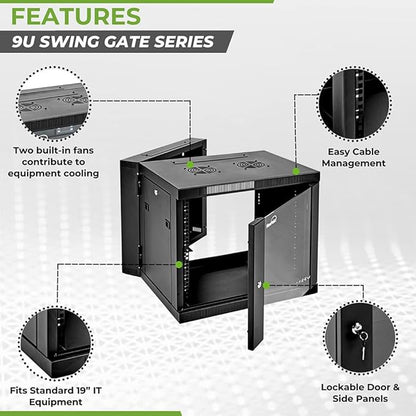 NavePoint Server Cabinet with Hinged Back - 21.6' Deep, 9U Rack Enclosure with Locking Glass Door, Wall Mount Rack with Removable Side Panels, Network Cabinet with 2 Fans, Pre-Assembled