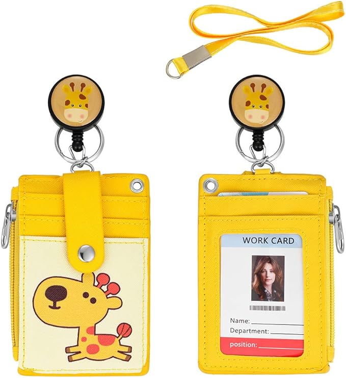 Cute Badge Holder Retractable Lanyard Reel Clip with Heavy Duty Carabiner, 1 Clear ID Window, and 4 Card Slots in 2 Sided for Students Teens Boys Girls Women (01 Yellow Deer)