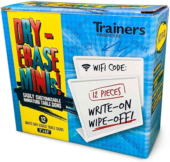 Trainers Warehouse Heavy Duty Premium Mini Dry-Erase Reusable Table Signs (12 per box) | Name Cards for Desks, Shelves & Display Tables | 3" x 4.5"
