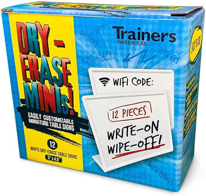 Trainers Warehouse Heavy Duty Premium Mini Dry-Erase Reusable Table Signs (12 per box) | Name Cards for Desks, Shelves & Display Tables | 3" x 4.5"