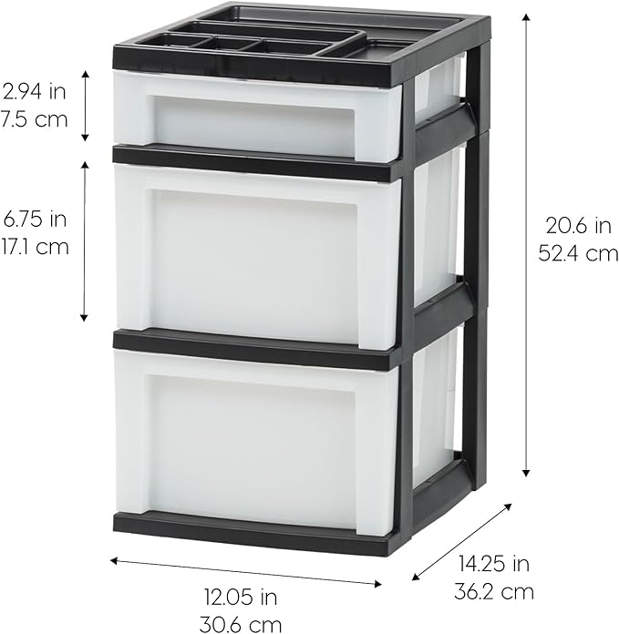 IRIS 3 Drawer Storage Cart - Plastic Organizer for Classroom Supplies, Art Supplies, Small Parts, Pearl/Black