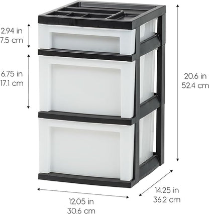 IRIS 3 Drawer Storage Cart - Plastic Organizer for Classroom Supplies, Art Supplies, Small Parts, Pearl/Black