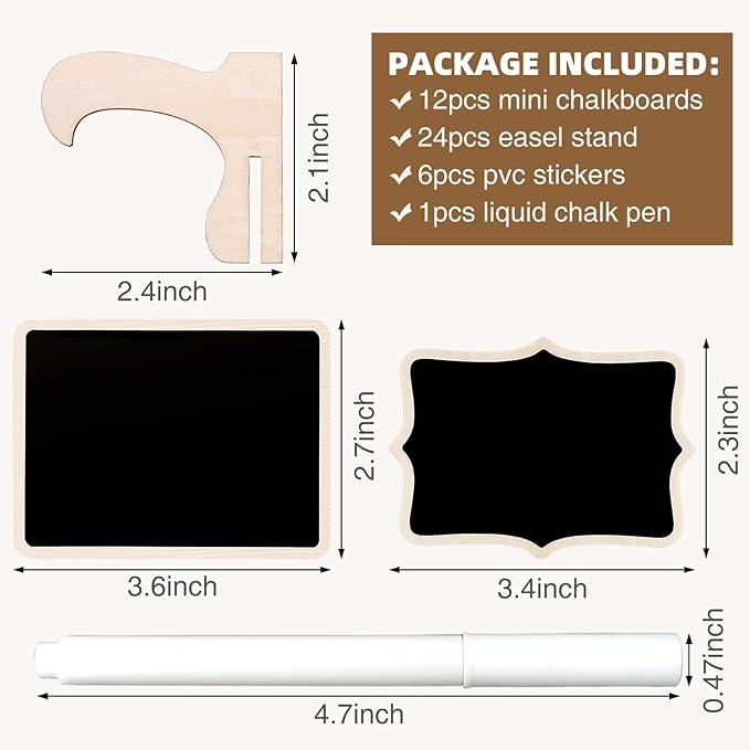 12 Pcs Mini Chalkboard Signs, Small Chalkboard Labels with Easel Stand, Wooden Blackboard for Table Numbers, Food Signs, Wedding Signs, Place Cards and Event Decoration, with 1 Liquid Chalk