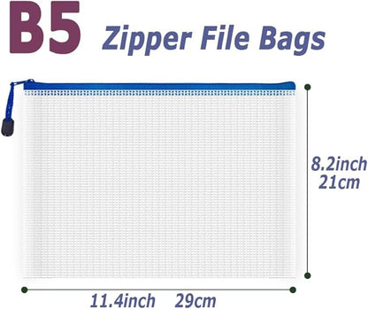 AUSTARK 10 Pcs Zipper File Bags, Waterproof Plastic Mesh Pouch for Office School, Board Game Storage Bags (B5 Size 11.4''x8.2'', White and Blue)