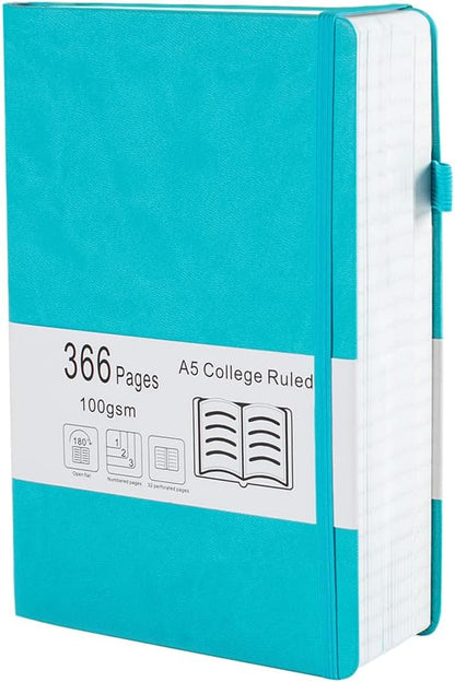 Thick College Ruled Notebook with 366 Numbered Pages, A5 Journals for Writing with 100GSM Lined Paper, Hardcover Leather Notebooks for Women Men School Note Taking Office Work Diary, 5.7"x8.3" Cyan