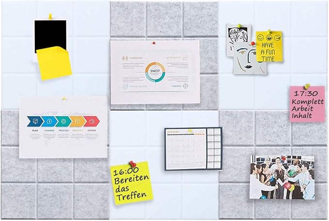 Large 11.8"x11.8" Felt Board Tiles for Wall with 30 Push Pins, Pack of 6 Pin Board Notice Boards for Home Office Kitchen, Bulletin Board Wall Tiles for Photos Memos