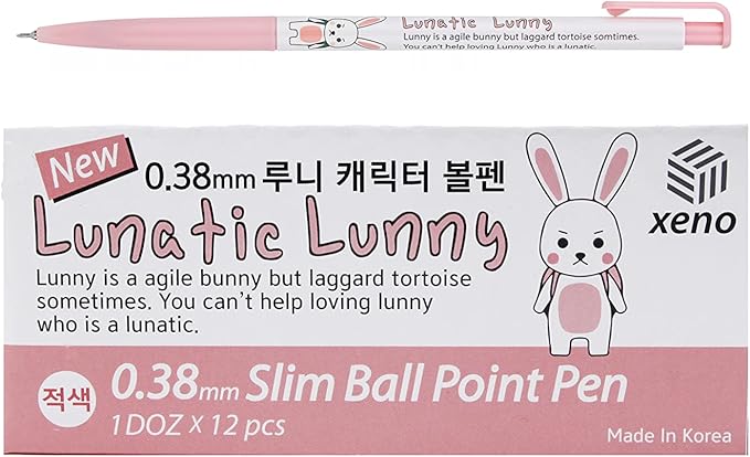 ZEESOON Xeno Lunatic Lunny 0.38mm Slim Ball Point Pen Dozen Box 12 Pcs, Made in Korea (Red 12pcs)